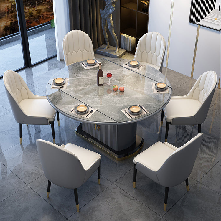 Contemporary Style Sintered Stone Dining Table with Self-Storing Leaf and Pedestal Base