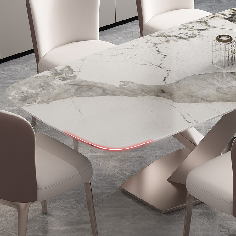 Minimalist Style Sintered Stone Dining Table with White Fixed Table and Trestle Base for Home Use