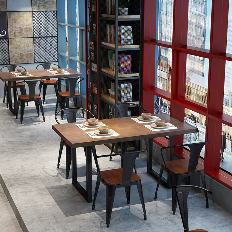 Industrial Style Solid Wood Dining Set with Fixed Table and Double Pedestal Base for Home Use