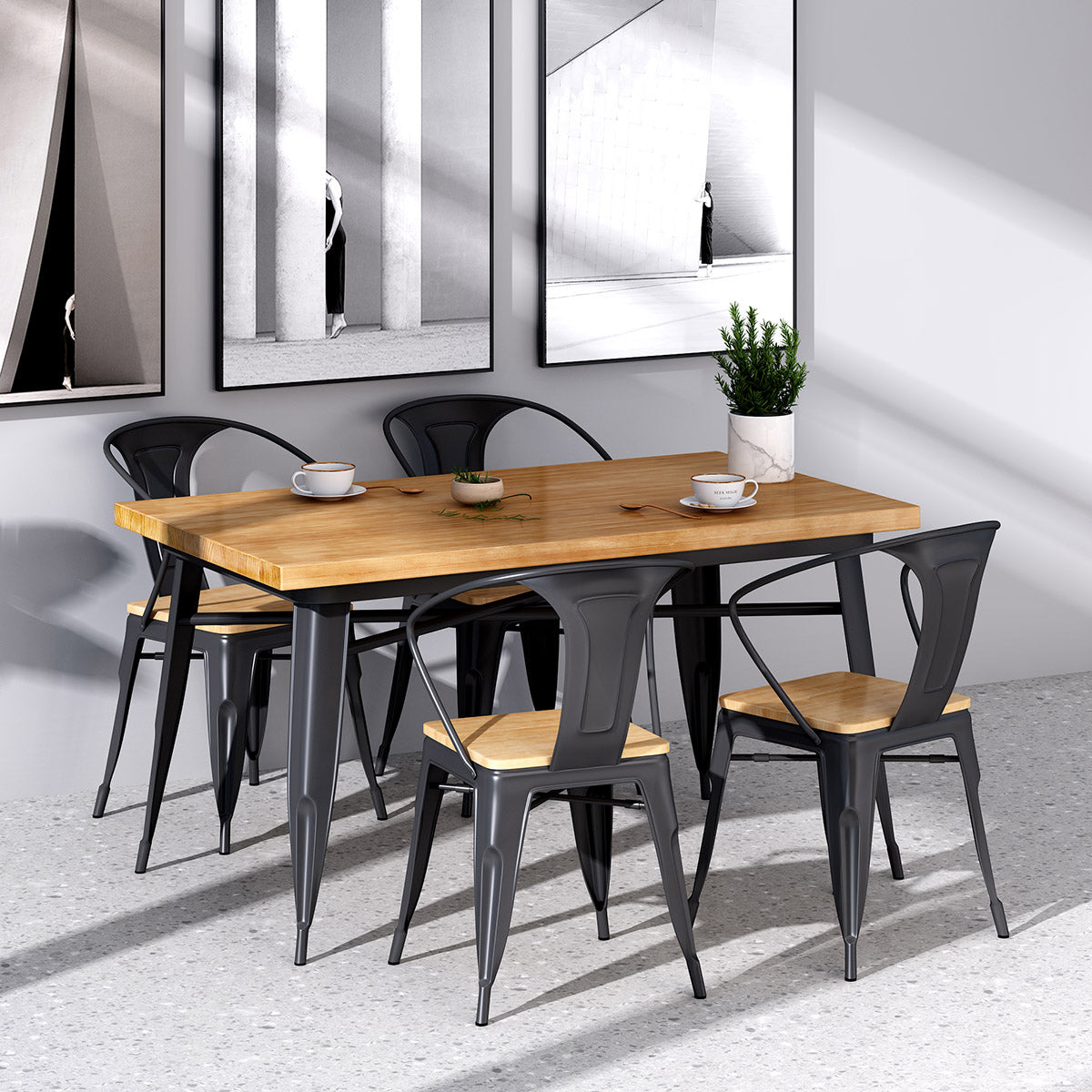 Industrial Style Solid Wood Dining Set with Fixed Table and 4 Legs Base for Home Use