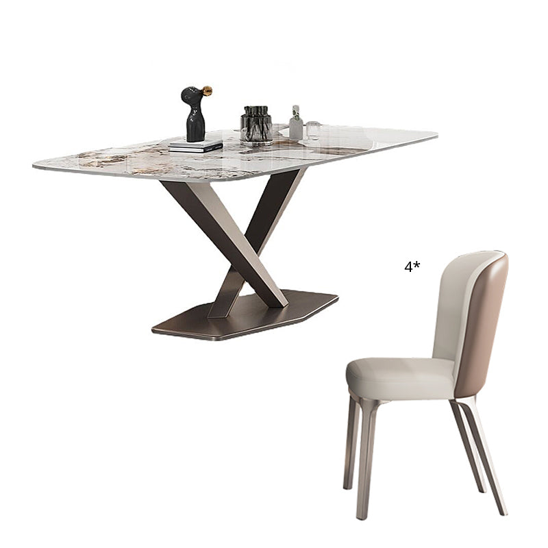 Mesa de comedor de piedra sinterizada de estilo contemporáneo con mesa fija blanca y base de caballete para uso en el hogar
