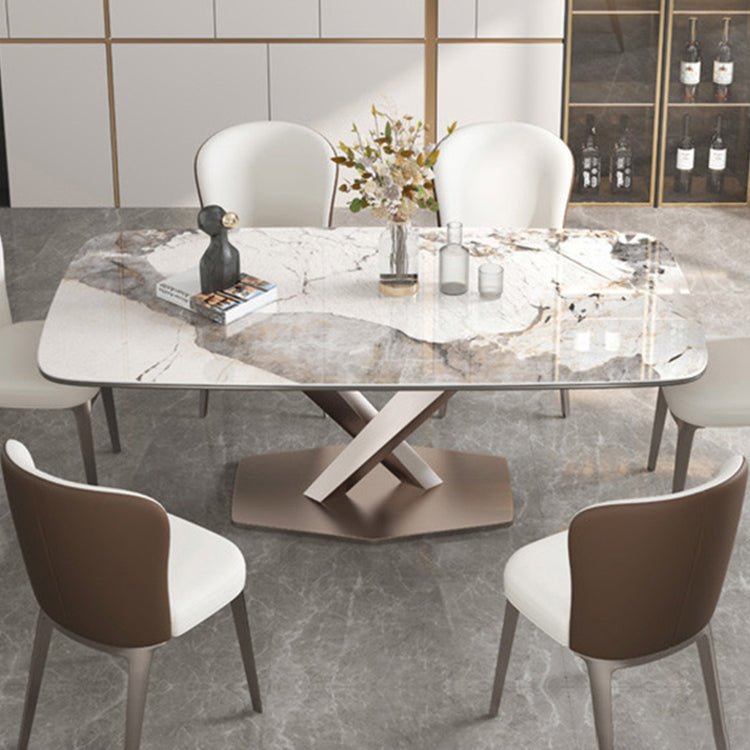 Mesa de comedor de piedra sinterizada de estilo contemporáneo con mesa fija blanca y base de caballete para uso en el hogar