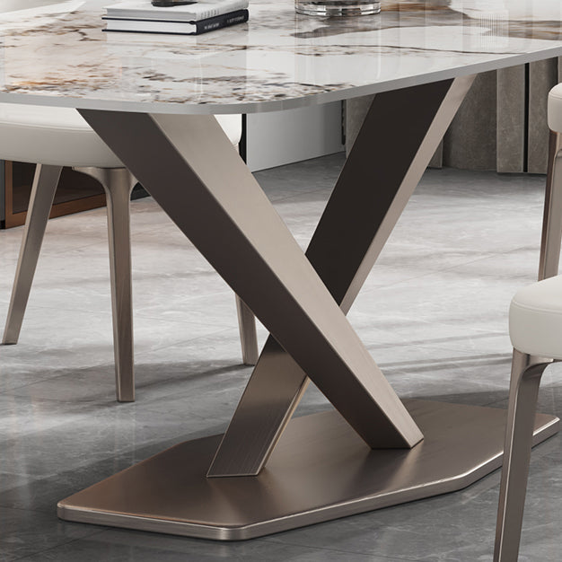 Mesa de comedor de piedra sinterizada de estilo contemporáneo con mesa fija blanca y base de caballete para uso en el hogar