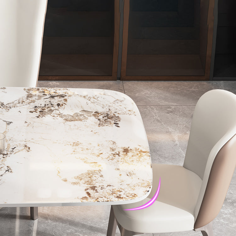 Mesa de comedor de piedra sinterizada de estilo contemporáneo con mesa fija blanca y base de caballete para uso en el hogar