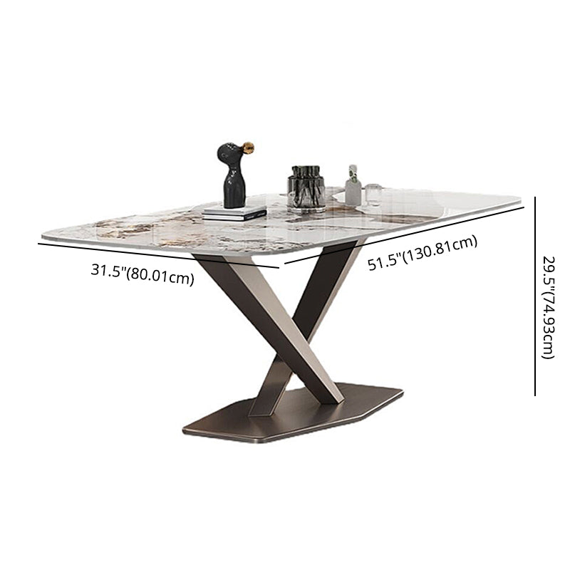 Mesa de comedor de piedra sinterizada de estilo contemporáneo con mesa fija blanca y base de caballete para uso en el hogar