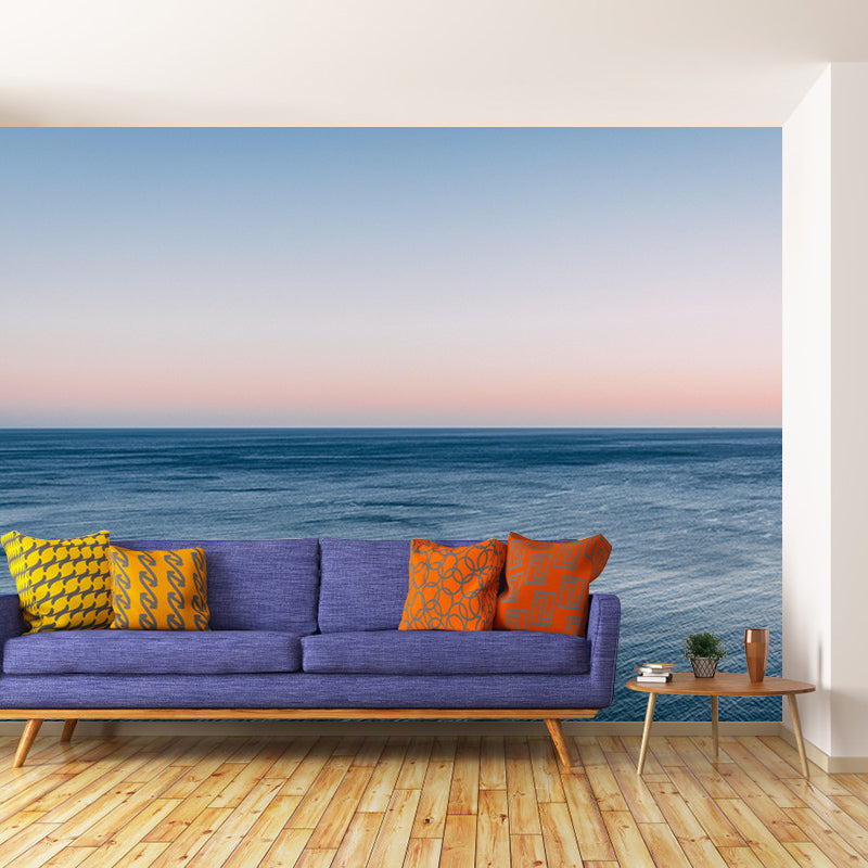 Customized Blue Sea Mural Stain Resistant Soft Color Wall Art for Bathroom