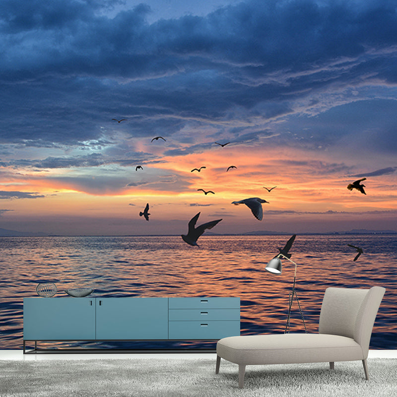 Customized Blue Sea Mural Stain Resistant Soft Color Wall Art for Bathroom