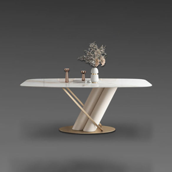 Moderner Stil Sintered Stone Ess -Set mit weißem Rechteck -Formtisch und Trestle -Basis