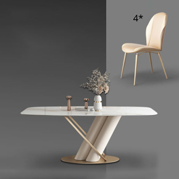 Modern Style Sintered Stone Dining Set with White Rectangle Shape Table and Trestle Base