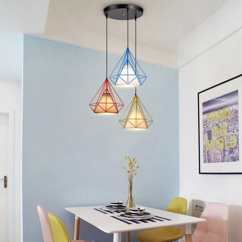 Multi Color Caged Hanging Light Industrial Style Metal and Fabric 3 Lights Indoor Pendant Lighting, Linear/Round Canopy
