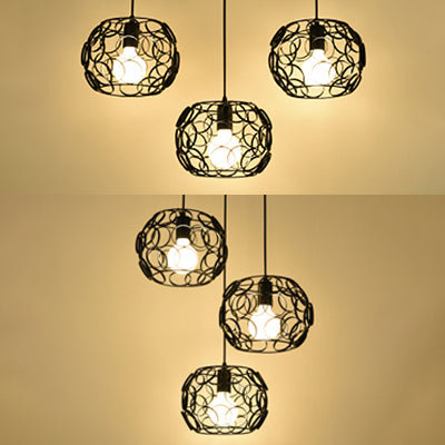 3 Lampenlampen Anhängerlampe Retro Drum Shade Metall Suspension Licht mit Drahtrahmen und Kreisen in Schwarz