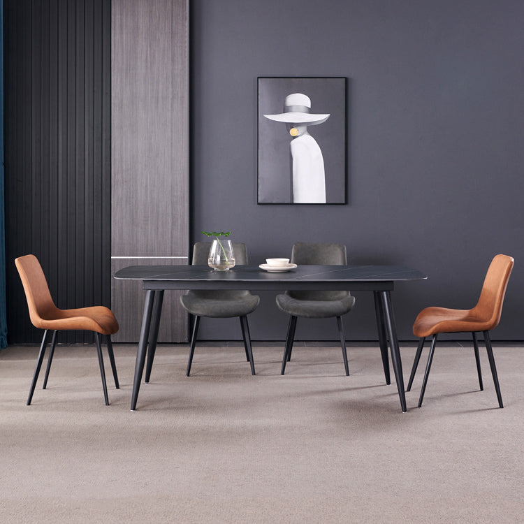 Fixed Minimalist Sintered Stone Top Kitchen Table Set with 4 Black Legs Base for Dining Room