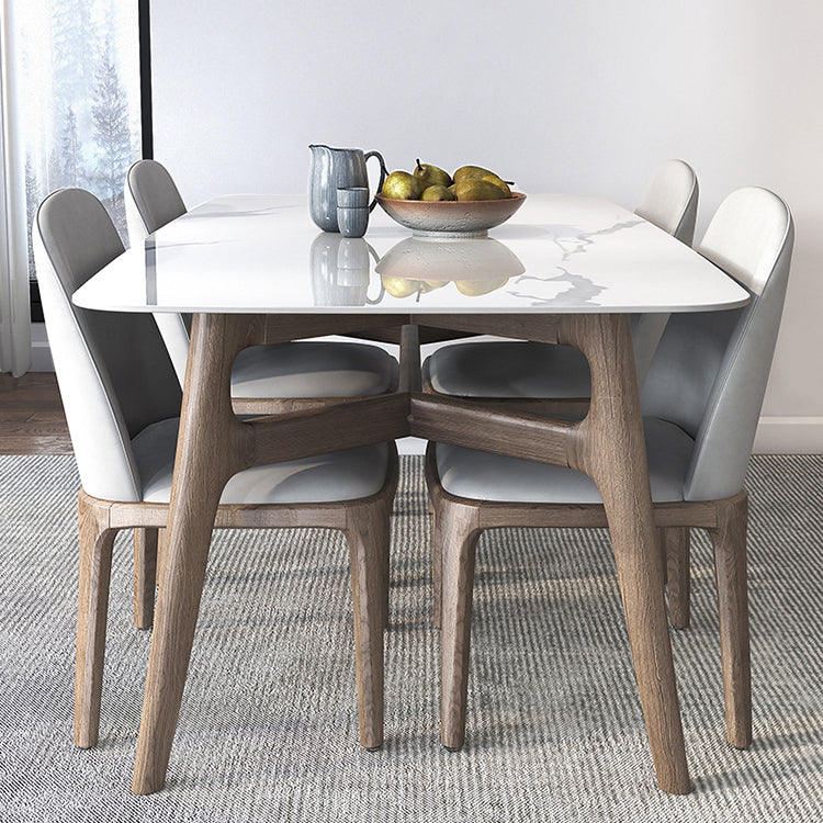 Modern Dining Table Set Sintered Stone Dining Table Rectangular Dining Table with Solid Wood Base