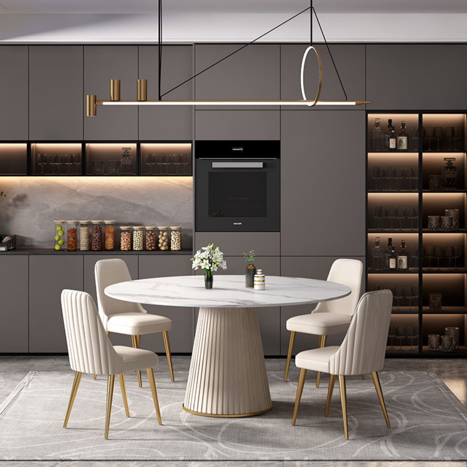 Skandinavische Sintersteintisch -Set 5/7 mit weißem runden Tisch -Ess -Set mit Lederstühlen