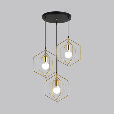 Hexagon Metal Frame Suspension Light Retro Loft 3 Lights Dining Room Hanging Pendant Light in Gold