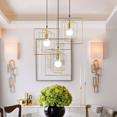 Frame Squared Metal Pendant Lighting Vintage Industrial 3 Lights Dining Room Hanging Ceiling Light in Gold
