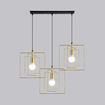 Frame Squared Metal Pendant Lighting Vintage Industrial 3 Lights Dining Room Hanging Ceiling Light in Gold