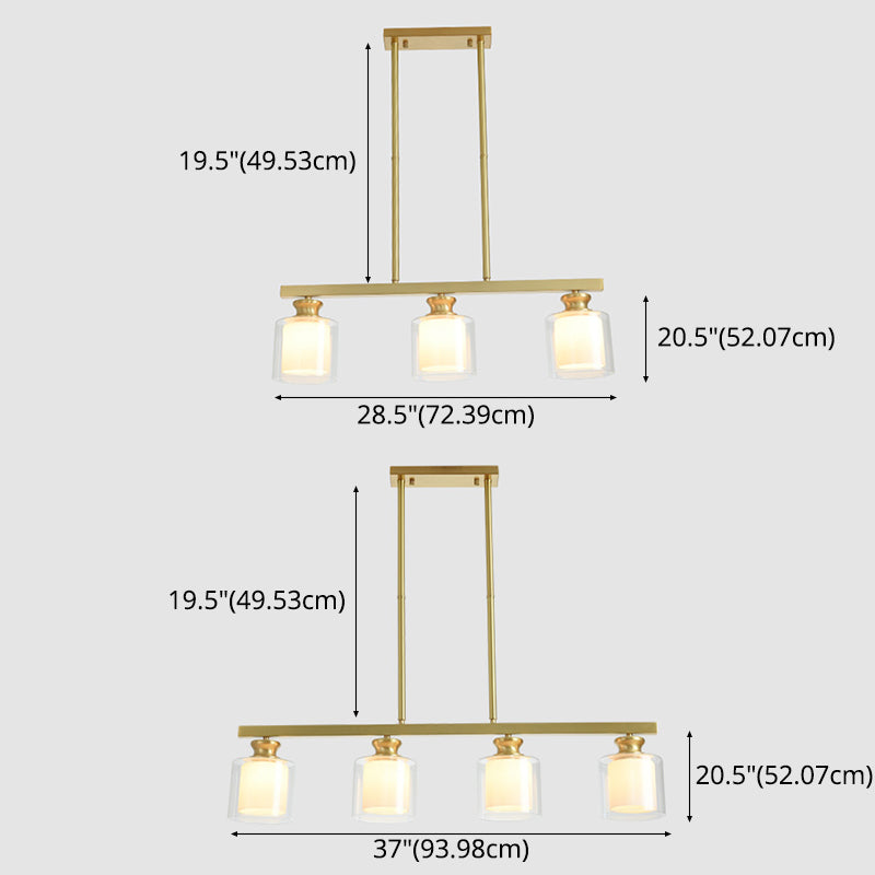 Lampada dell'isola cilindro moderna lampadario in vetro e isola metallica in oro