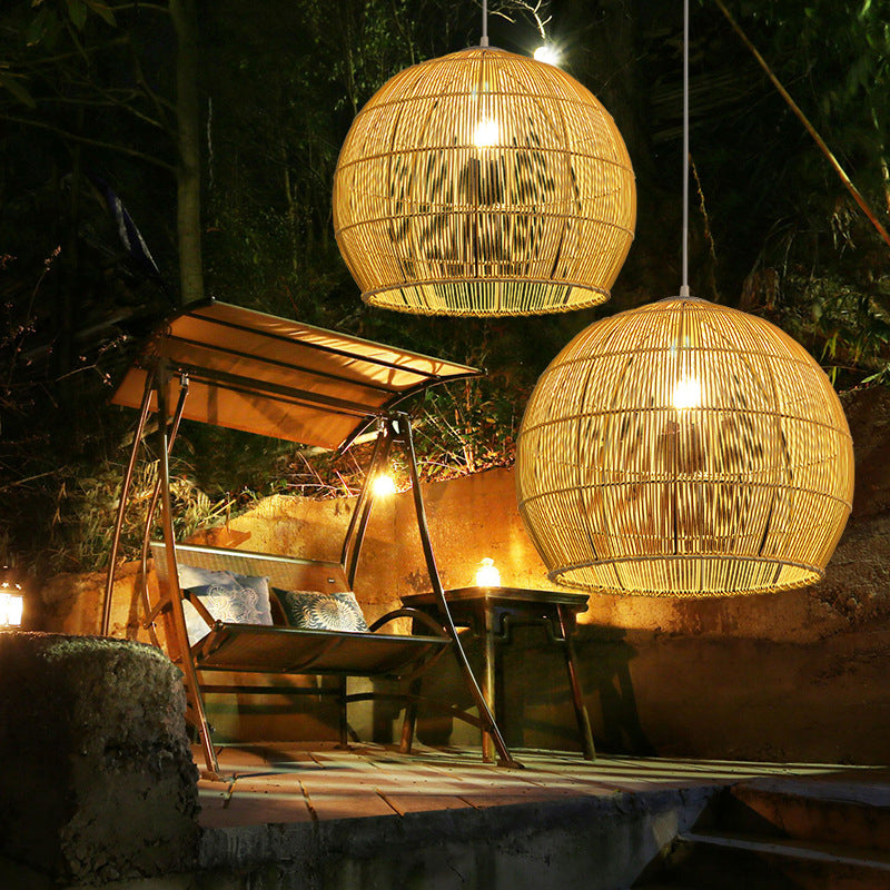 Beige Asia Pendulum Light Dome Rattan 1-Light Hanging Ceiling Light for Dining Room