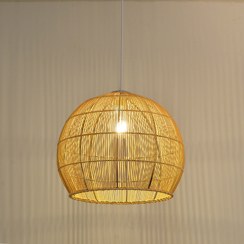 Beige Asia Pendulum Light Dome Rattan 1-Light Hanging Ceiling Light for Dining Room