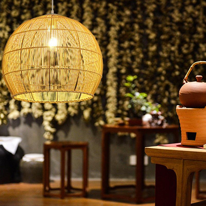 Beige Asia Pendulum Light Dome Rattan 1-Light Hanging Ceiling Light for Dining Room
