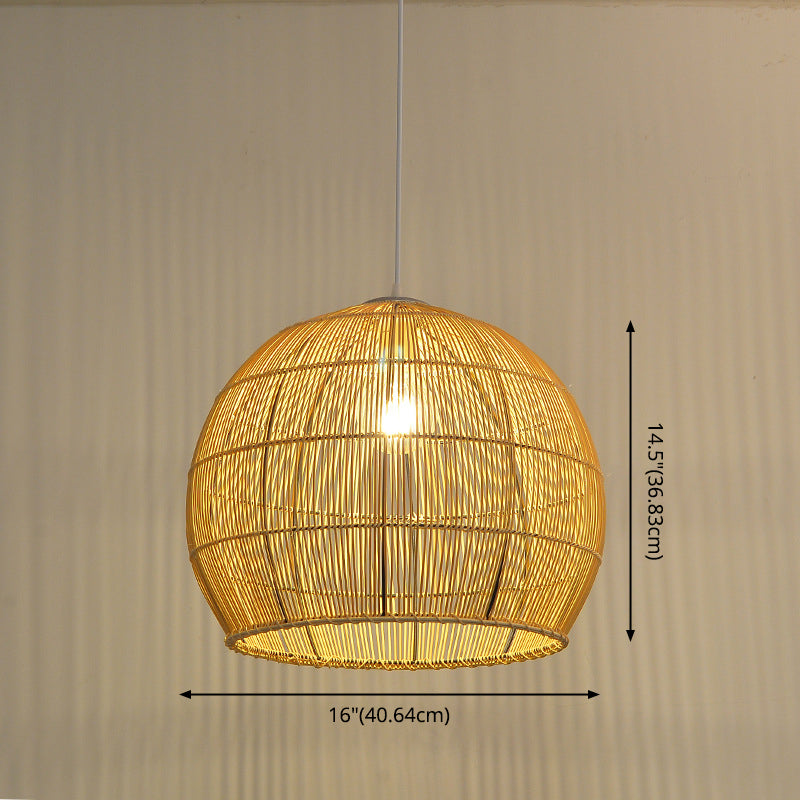 Beige Asia Pendulum Light Dome Rattan 1-Light Hanging Ceiling Light for Dining Room