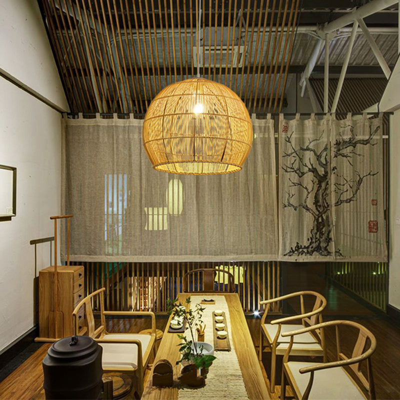 Beige Asia Pendulum Light Dome Rattan 1-Light Hanging Ceiling Light for Dining Room
