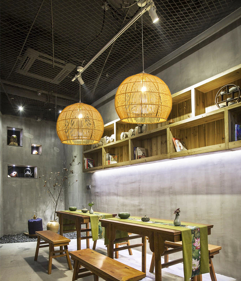 Beige Asia Pendulum Light Dome Rattan 1-Light Hanging Ceiling Light for Dining Room