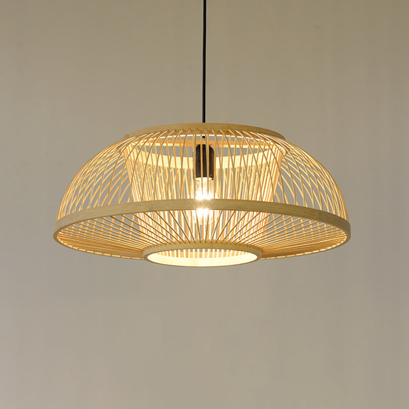 1-Light Bamboo Japanese Pendant Light Beige Down Lighting for Dining Room