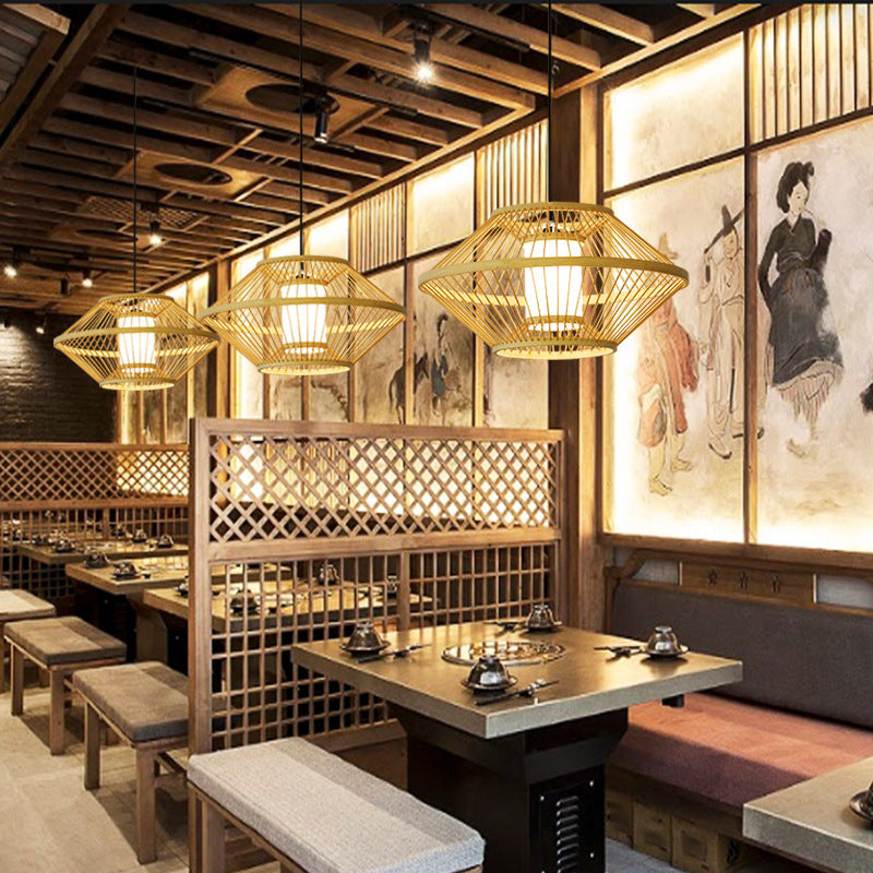 1-Light Bamboo Japanese Pendant Light Beige Down Lighting for Dining Room
