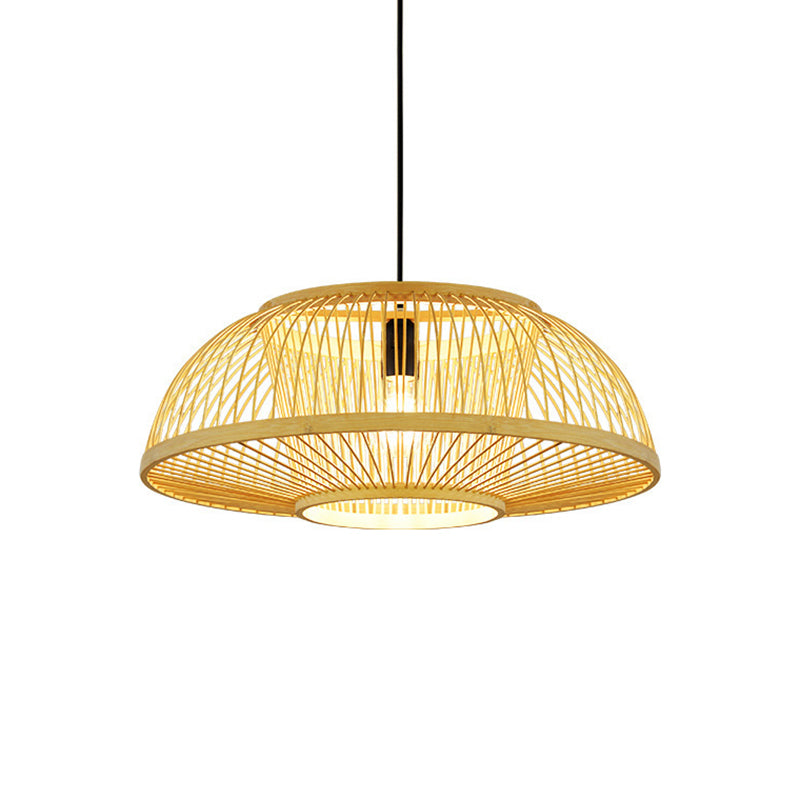 1-Light Bamboo Japanese Pendant Light Beige Down Lighting for Dining Room
