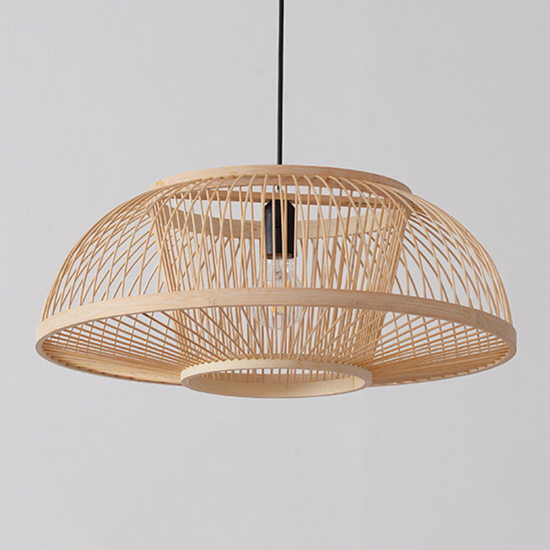 1-Light Bamboo Japanese Pendant Light Beige Down Lighting for Dining Room