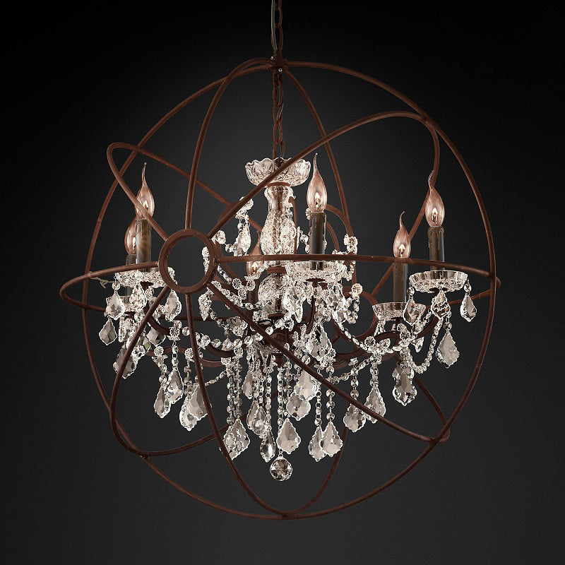 Gyroscope Chandelier Modern Crystal Living Room Hanging Light Fixture in Rust