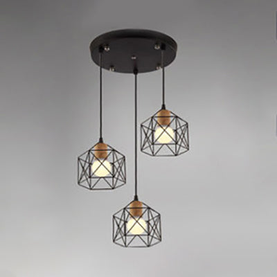 3 Köpfe Deckenbehandlung Retro Stylish Globe/Hexagon Käfig Schatten Metall Anhänger Leuchte in Schwarz