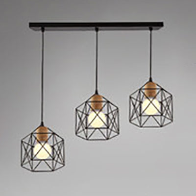 3 Köpfe Deckenbehandlung Retro Stylish Globe/Hexagon Käfig Schatten Metall Anhänger Leuchte in Schwarz