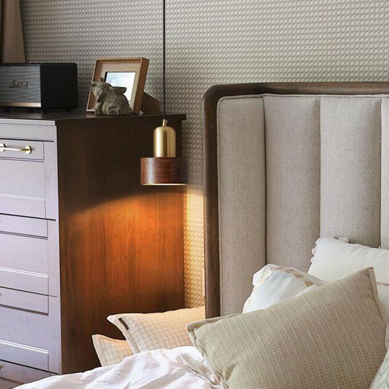 Brown Walnut Wood Pendant Lighting Fixtures Modern Lantern Suspension Lamp for Living Room