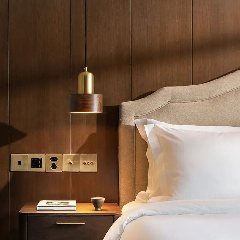 Brown Walnut Wood Pendant Lighting Fixtures Modern Lantern Suspension Lamp for Living Room