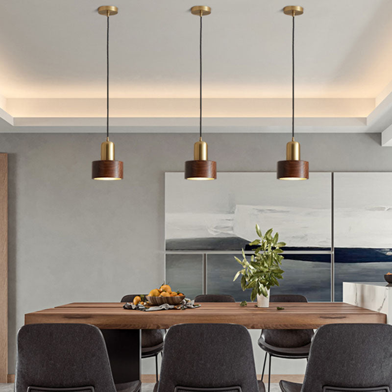 Brown Walnut Wood Pendant Lighting Fixtures Modern Lantern Suspension Lamp for Living Room