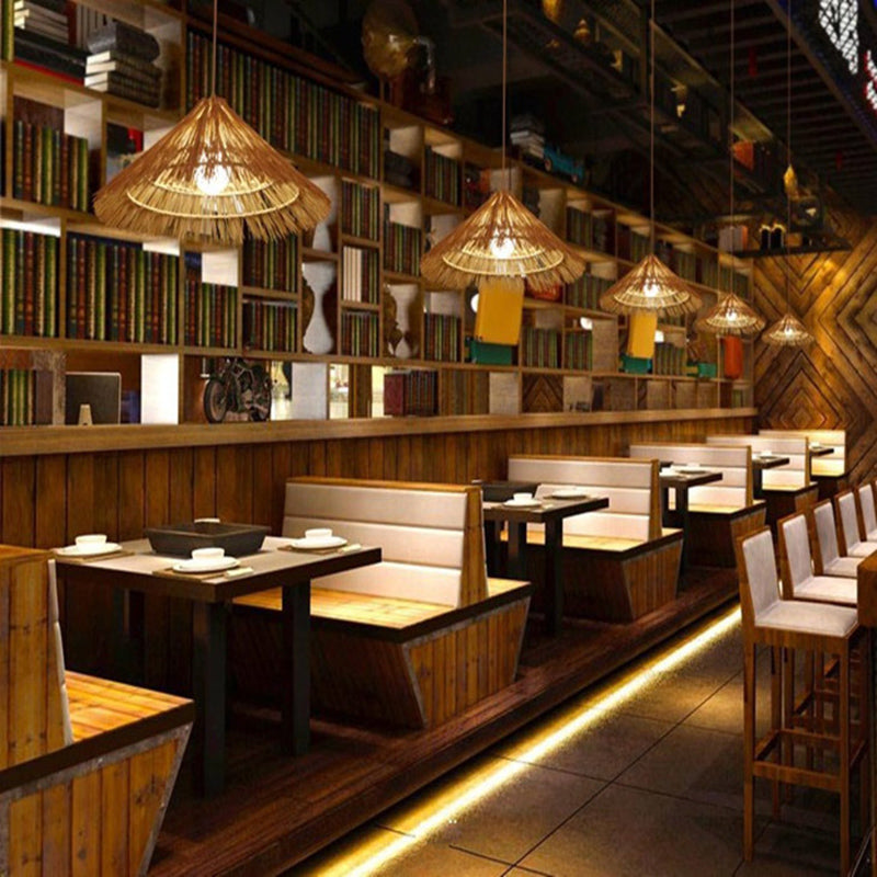 Cone Shaped Restaurant Pendant Lighting Fixture Rattan Asian Hanging Ceiling Light