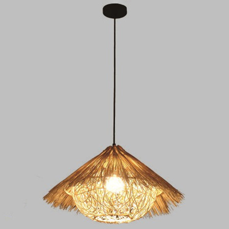 Cone Shaped Restaurant Pendant Lighting Fixture Rattan Asian Hanging Ceiling Light
