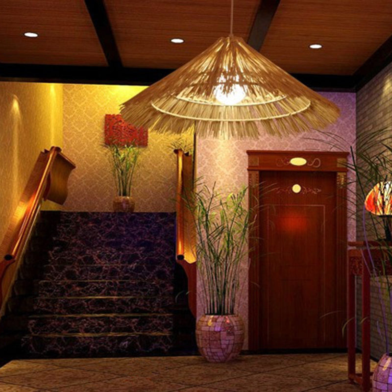 Cone Shaped Restaurant Pendant Lighting Fixture Rattan Asian Hanging Ceiling Light