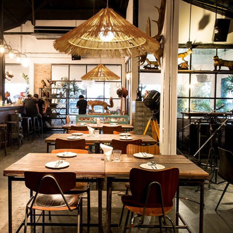 Cone Shaped Restaurant Pendant Lighting Fixture Rattan Asian Hanging Ceiling Light