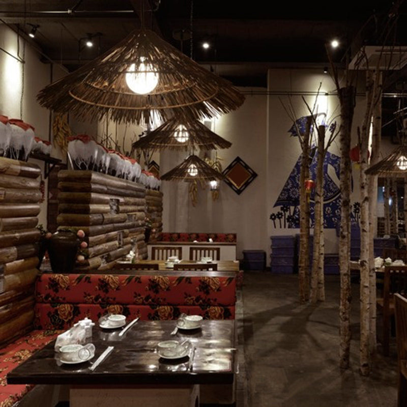 Cone Shaped Restaurant Pendant Lighting Fixture Rattan Asian Hanging Ceiling Light