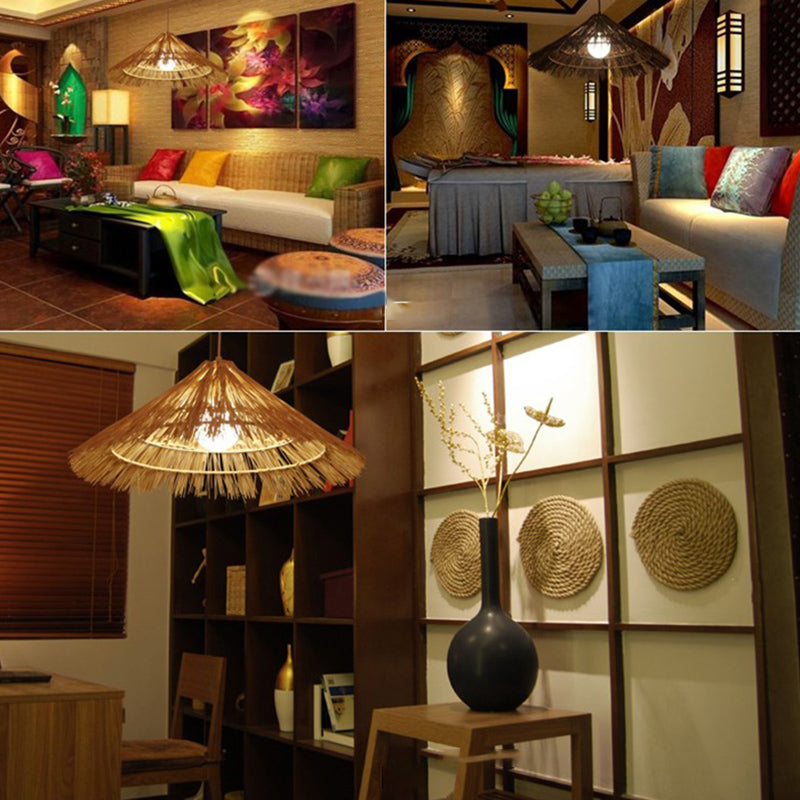 Cone Shaped Restaurant Pendant Lighting Fixture Rattan Asian Hanging Ceiling Light