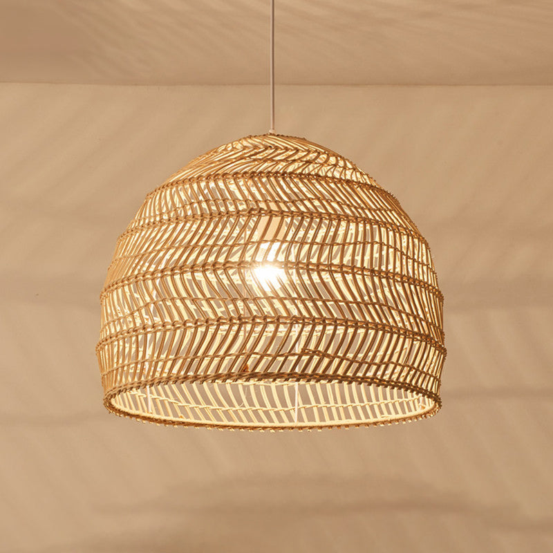Basket Pendant Lighting Fixture Asian Rattan Beige Hanging Light Fixture for Restaurant