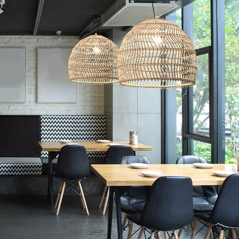 Basket Pendant Lighting Fixture Asian Rattan Beige Hanging Light Fixture for Restaurant
