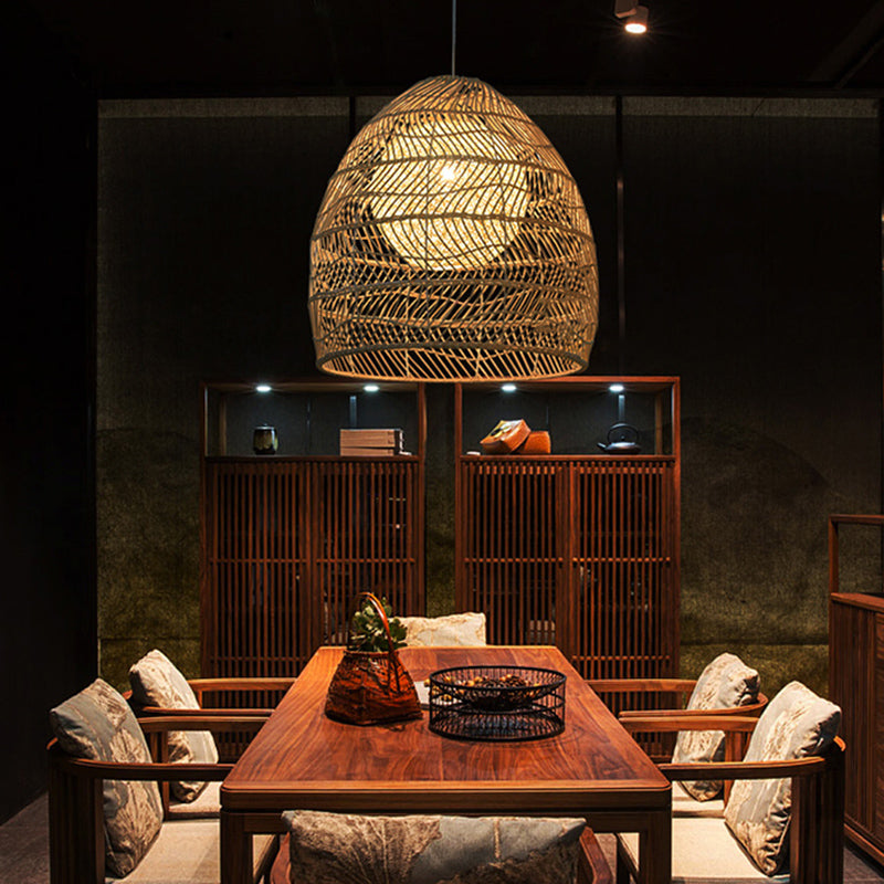 Basket Pendant Lighting Fixture Asian Rattan Beige Hanging Light Fixture for Restaurant