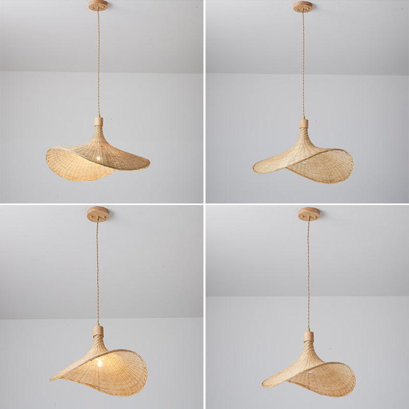 Straw Hat Pendant Light Kit Asia Style Bamboo Restaurant Ceiling Pendant Light in Beige