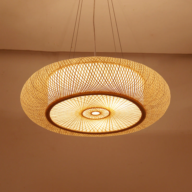 Rounded Drum Bamboo Pendant Lighting Fixture Modern Style Beige Hanging Light Fixture