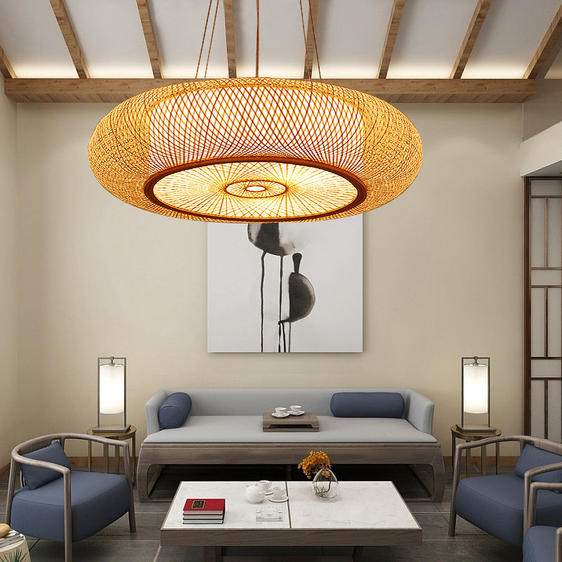 Rounded Drum Bamboo Pendant Lighting Fixture Modern Style Beige Hanging Light Fixture